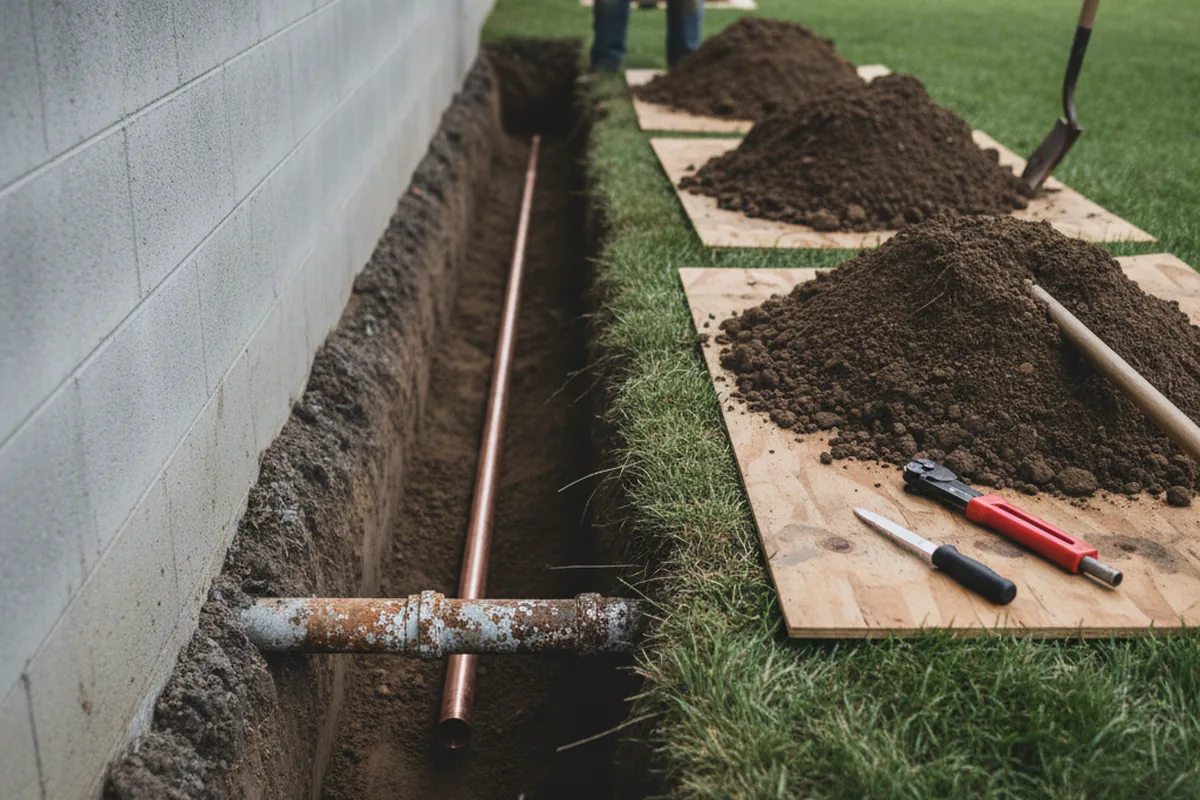 Excavated water line trench during Sewer Line Repair in Englishtown